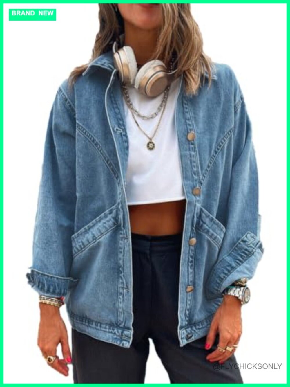 Oversized Button Up Denim Jacket Long Sleeve Jean Shacket with Huge Pockets